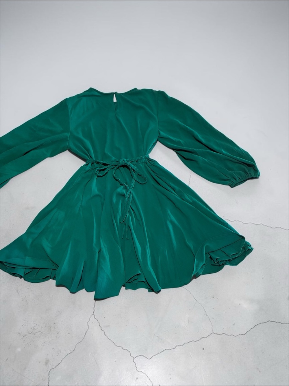 Women's Emerald Green Long-Sleeve Fit & Flare Mini Dress with Waist Tie